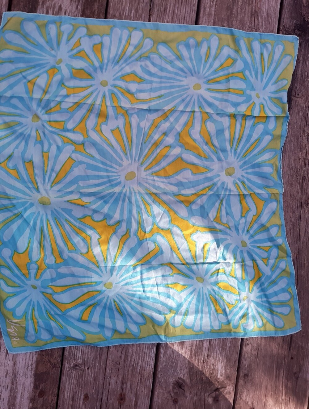 Vera Neumann Vintage 1960s Silk Scarf Large Floral Daisy Blue Green Stain 20x20